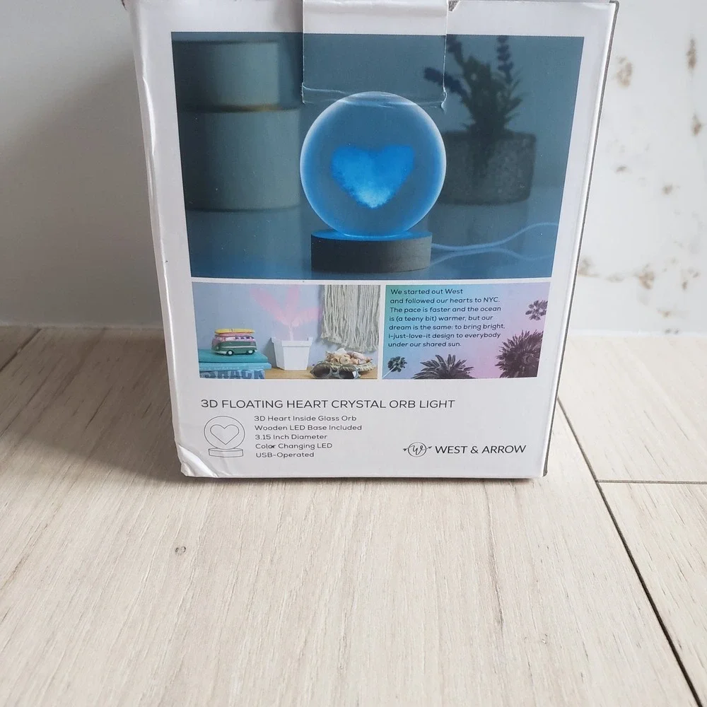 West & Arrow 3D Floating Heart Crystal Orb Light Color Changing LED USB Wood